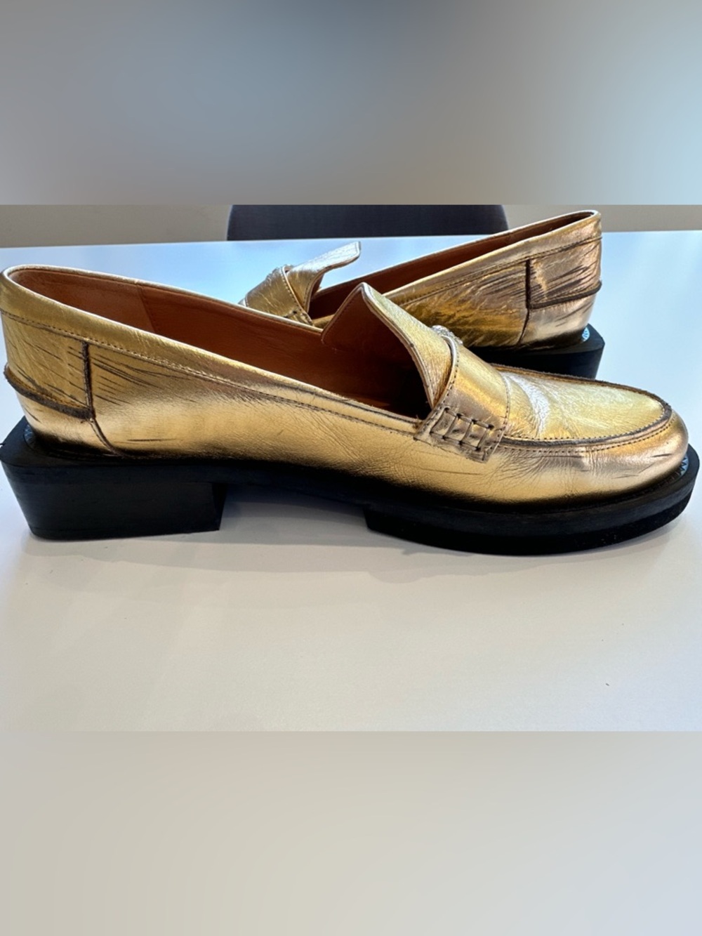 GANNI Gold Metallic Loafers Crystal Embellished Leather Size 39 - Picture 10 of 10